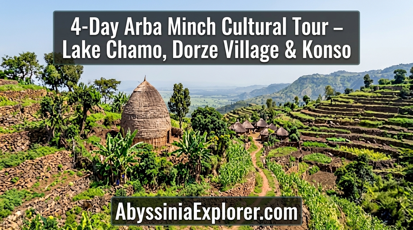 Traditional Dorze beehive hut and terraced landscape in Arba Minch Ethiopia near Lake Chamo and Konso