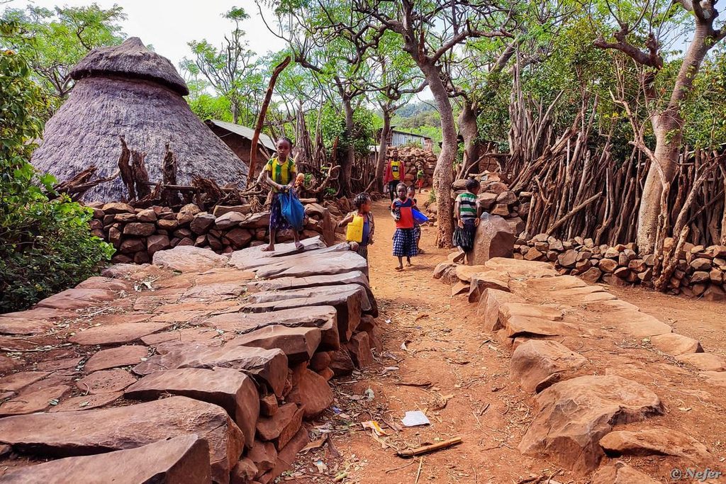 Traditional Konso village with stone walls and thatched houses in Ethiopia