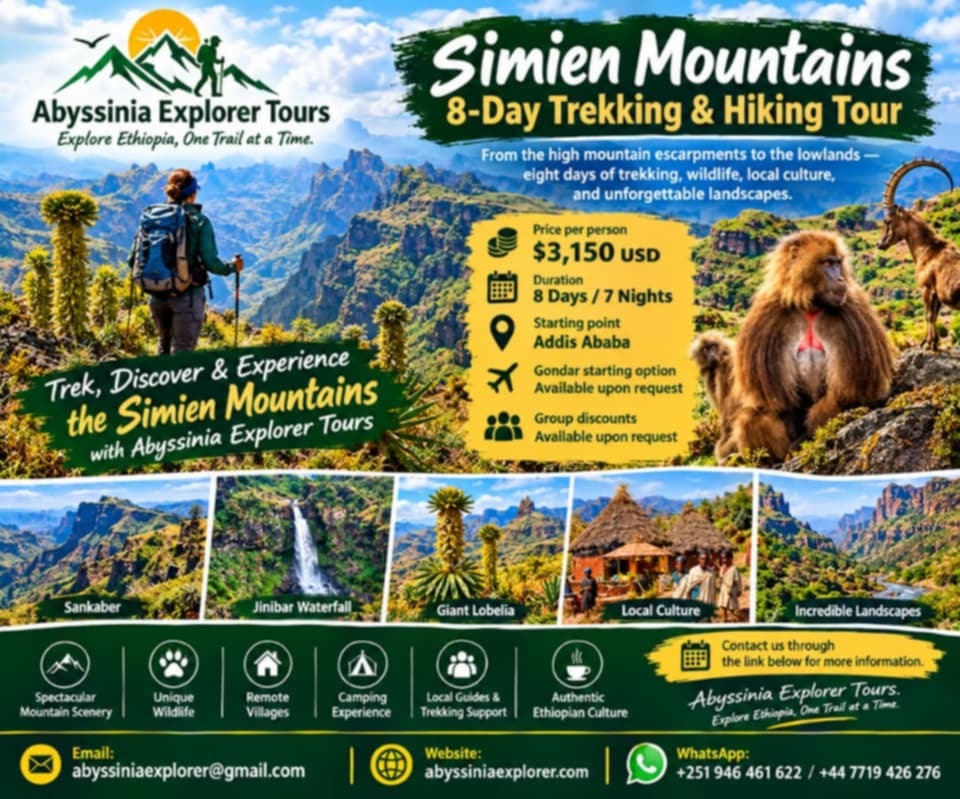 Simien Mountains 8 Day Trekking tour with abyssinia explorer tours promotional image